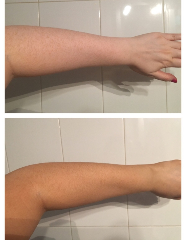 Fake tan, arms, top arm natural and bottom tan with Fake tan